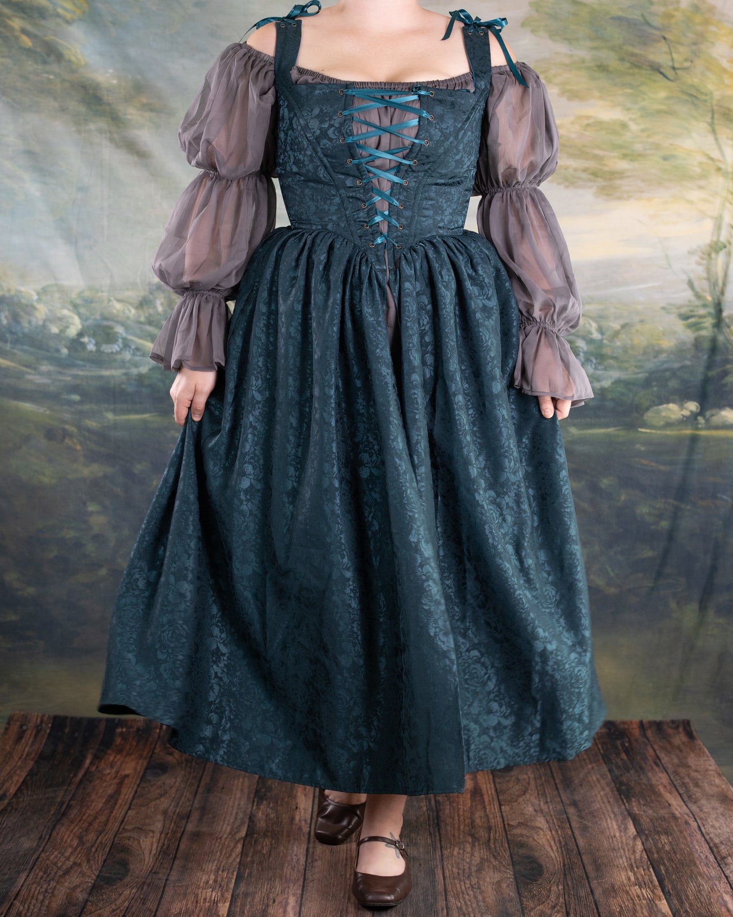 Teal Floral Satin Corset Dress