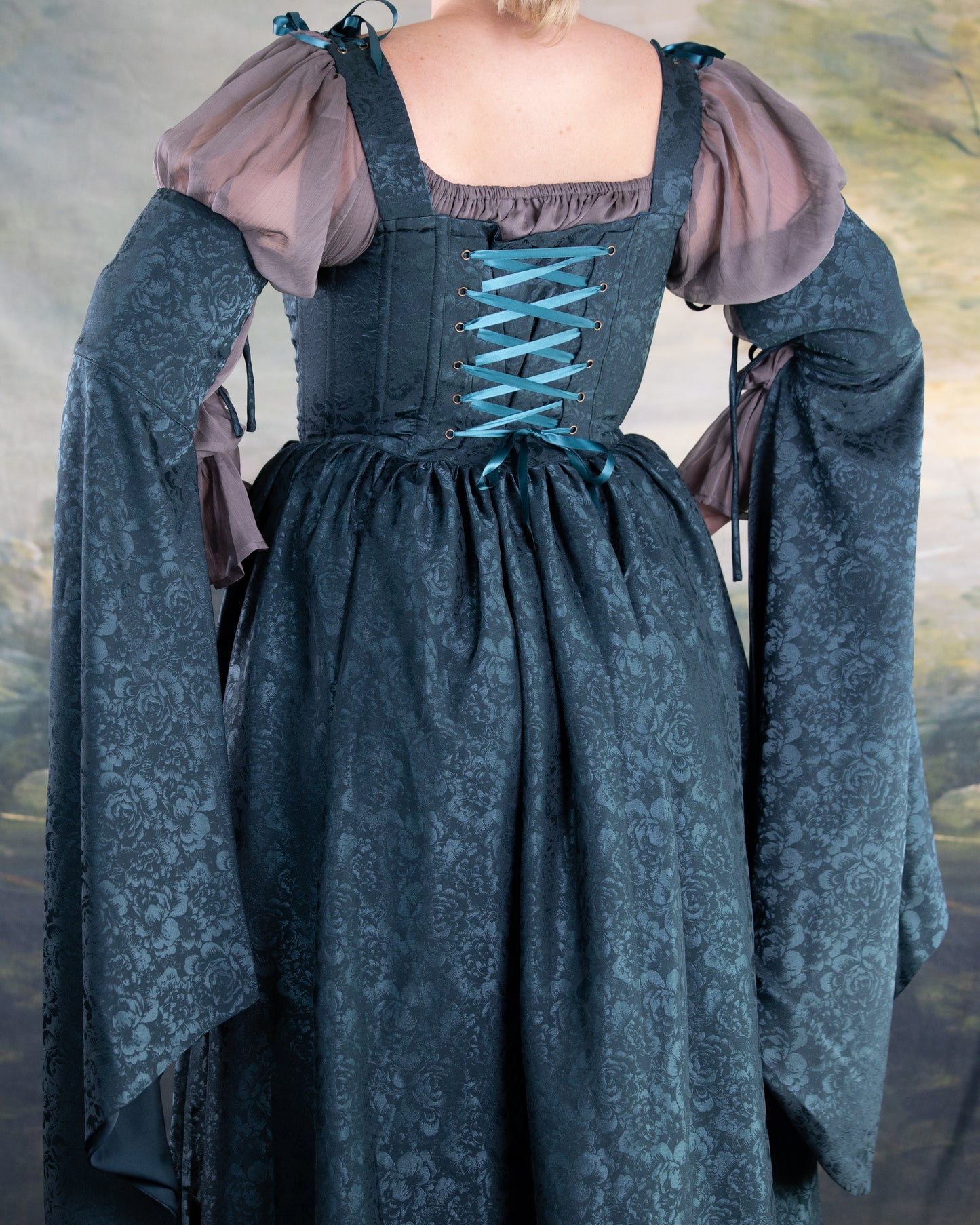 Teal Floral Satin Corset Dress