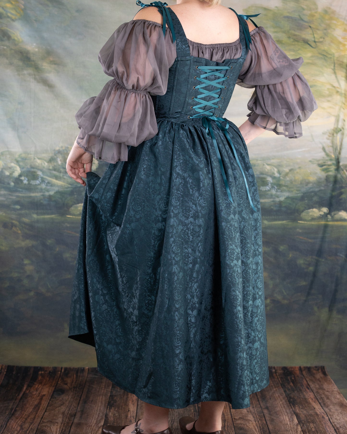 Teal Floral Satin Corset Dress