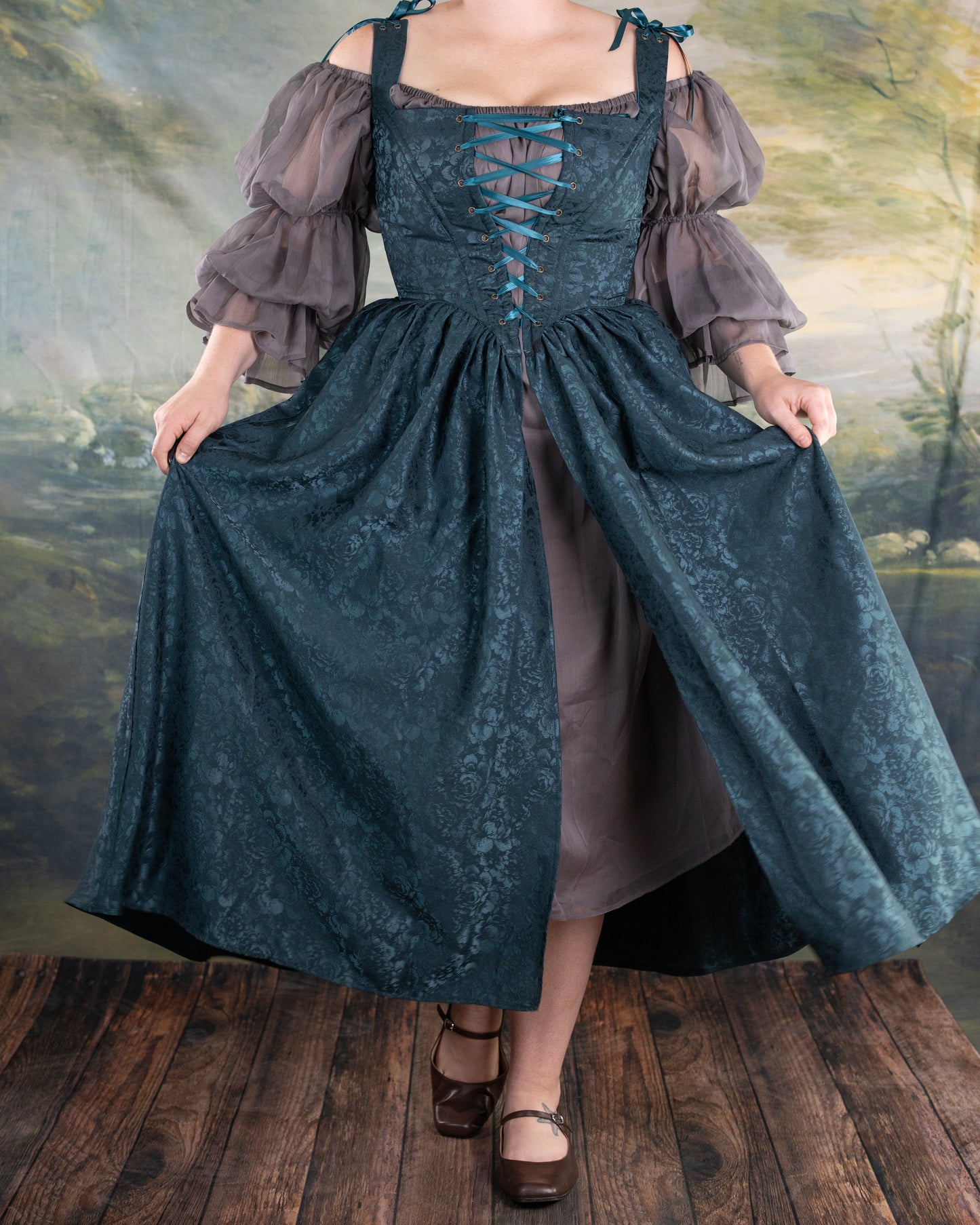Teal Floral Satin Corset Dress