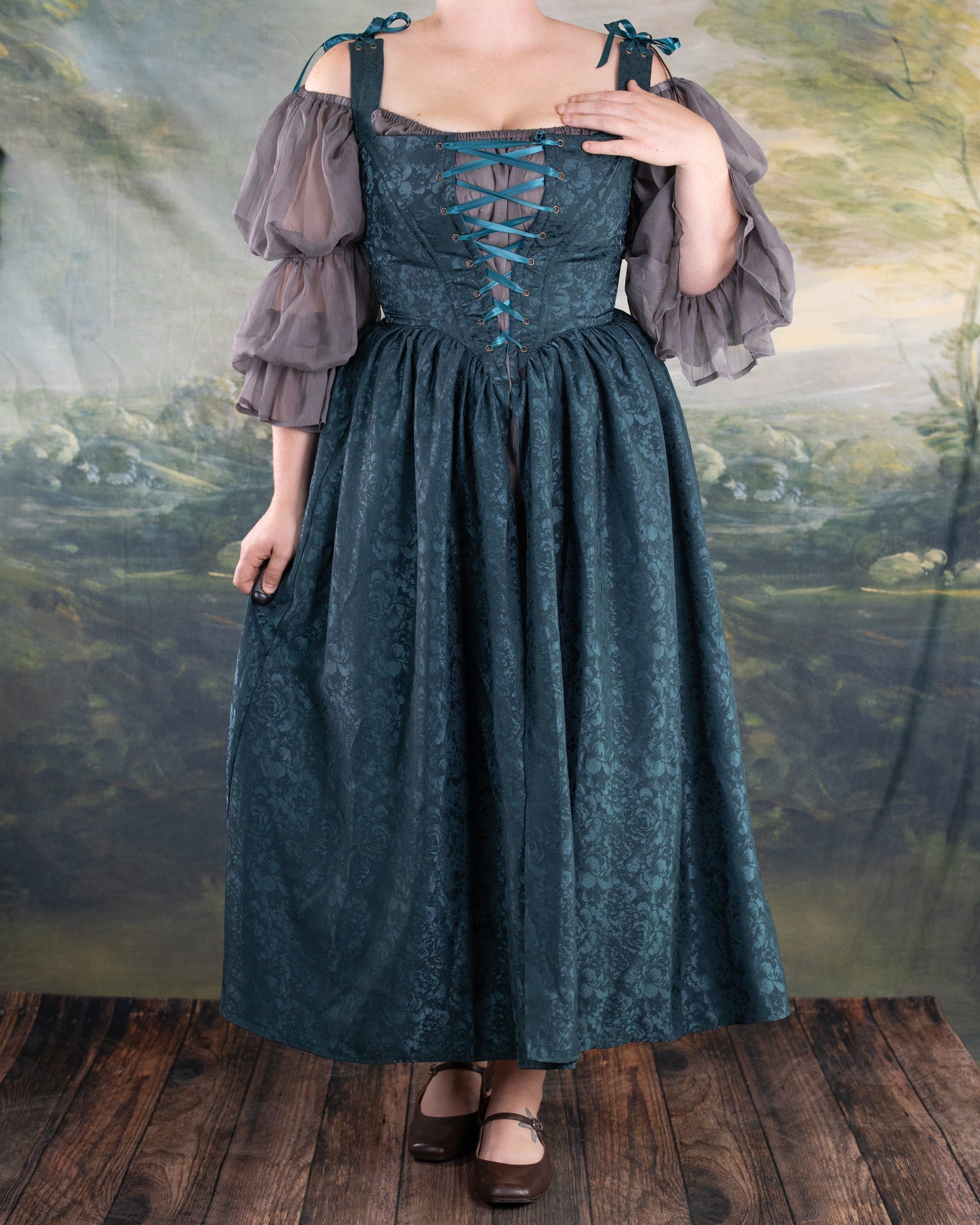 Teal Floral Satin Corset Dress