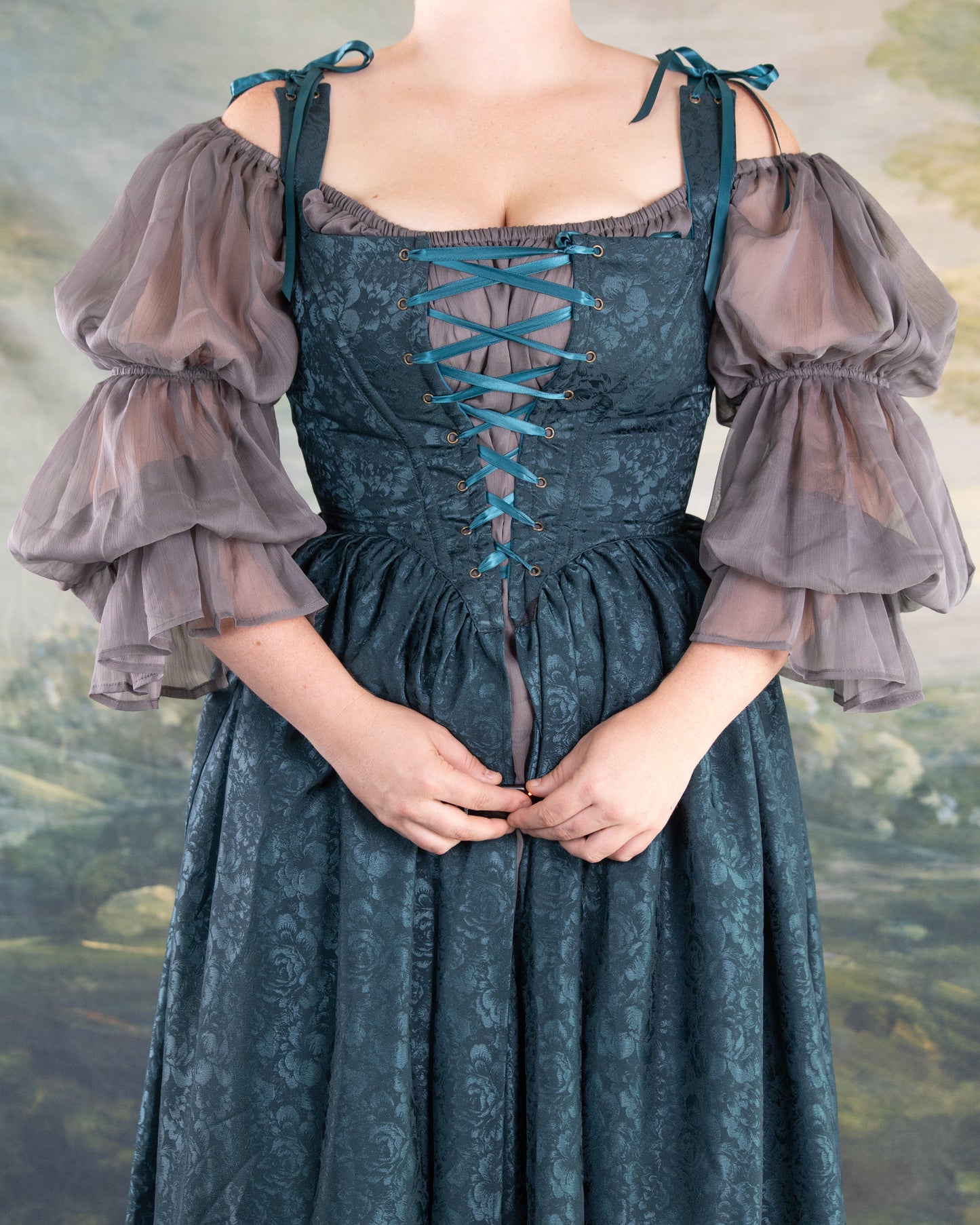 Teal Floral Satin Corset Dress