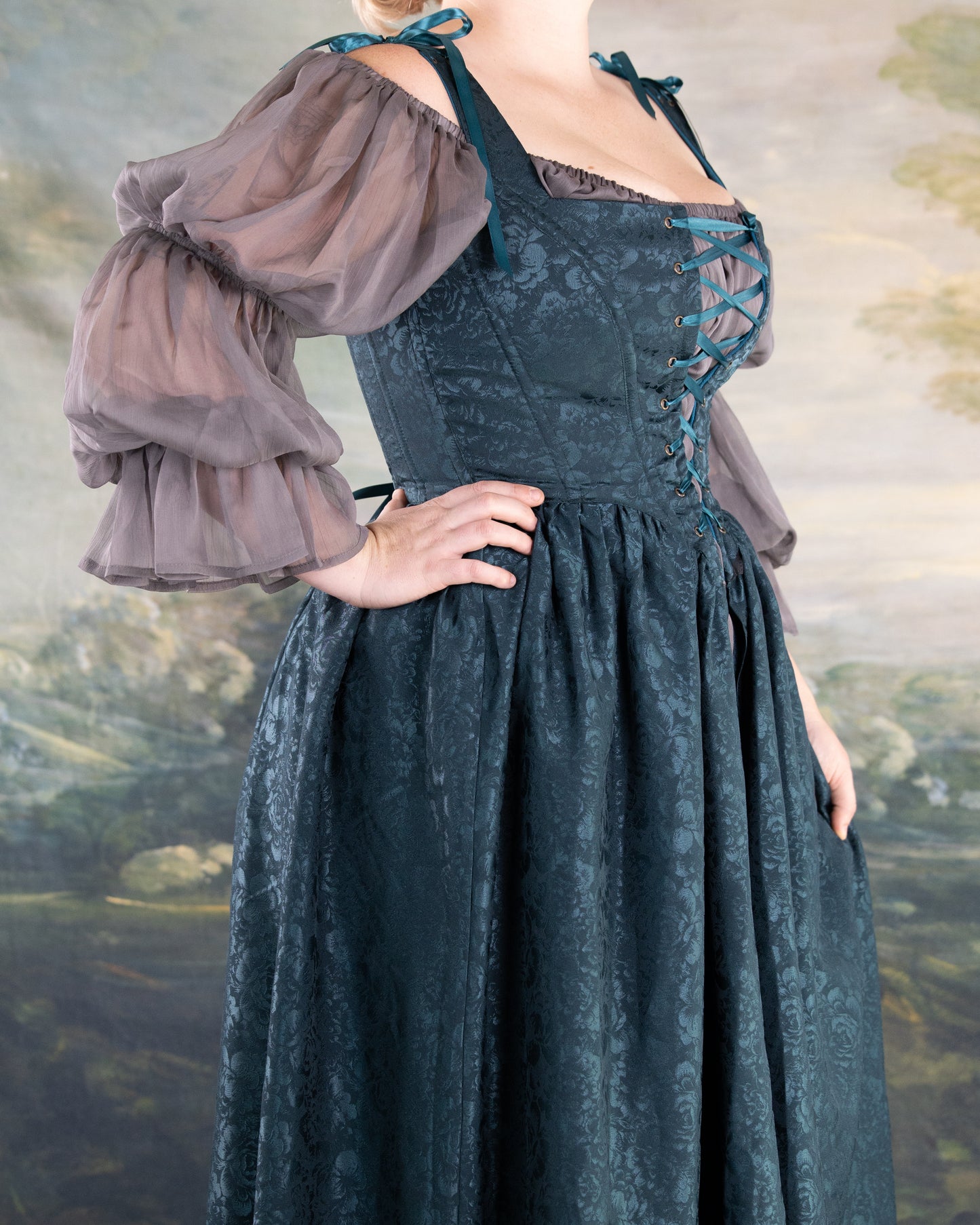 Teal Floral Satin Corset Dress