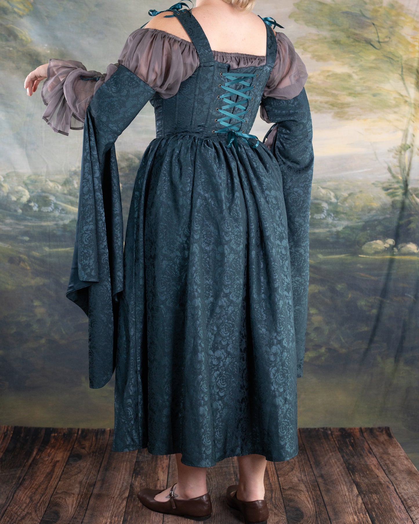 Teal Floral Satin Corset Dress