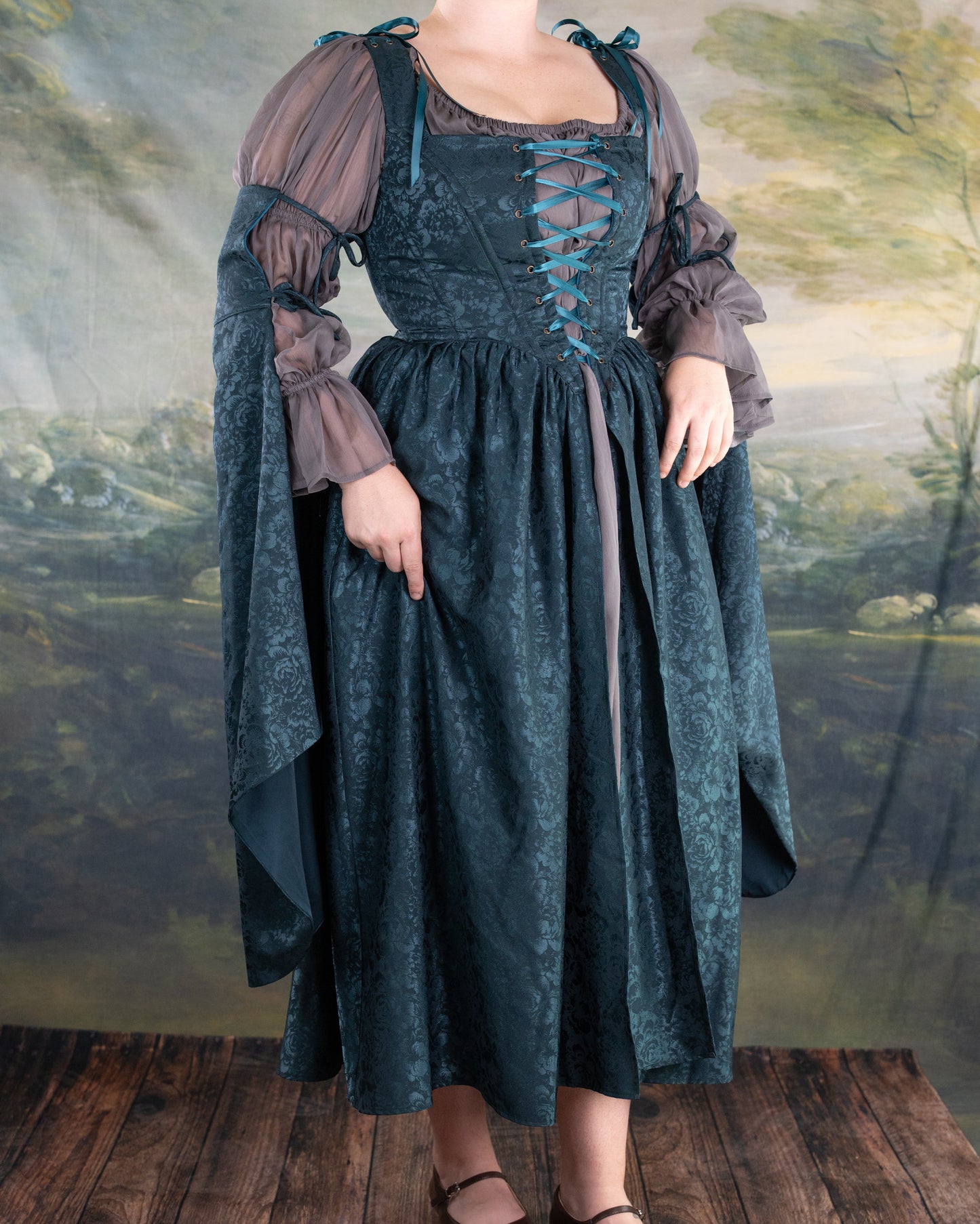 Teal Floral Satin Corset Dress