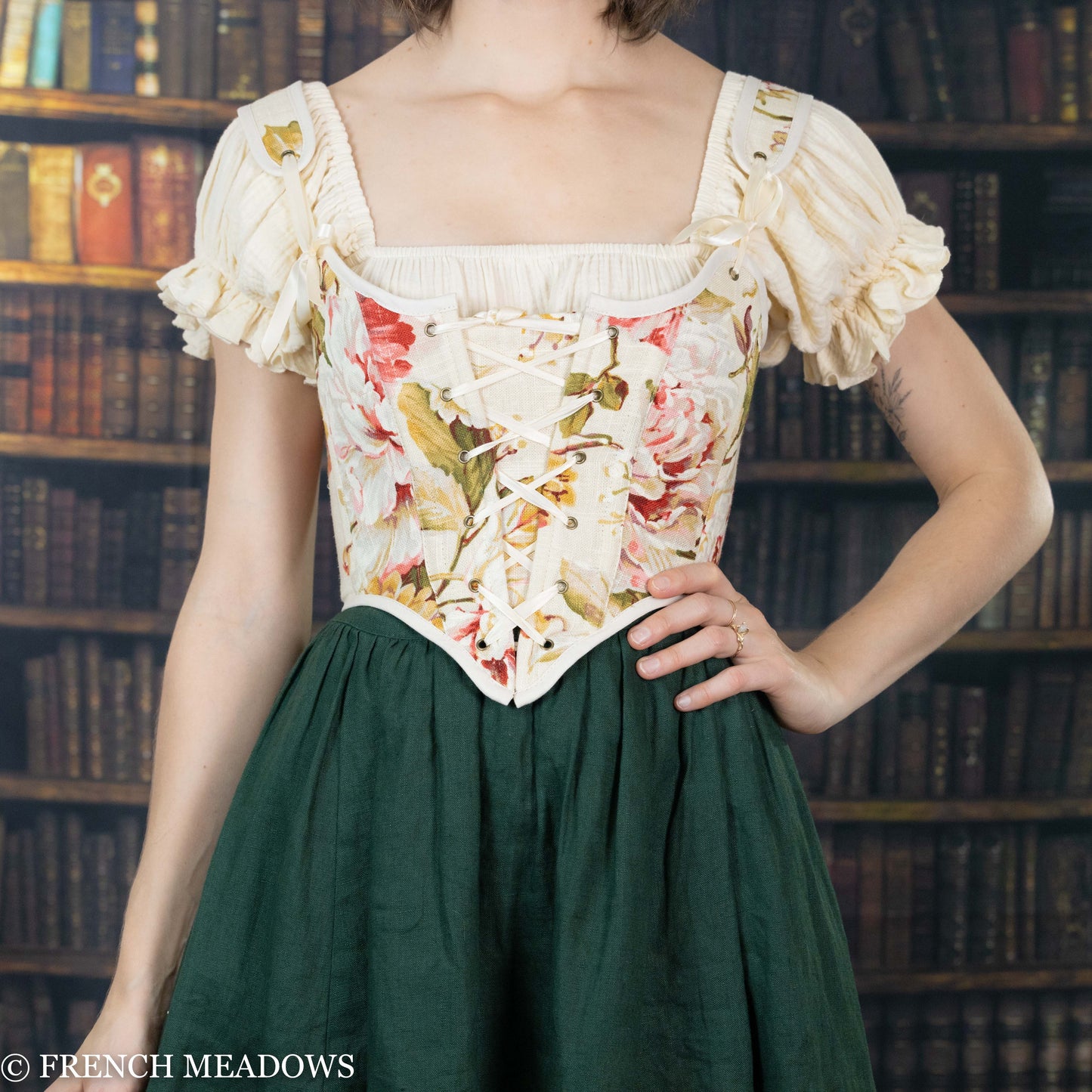 READY TO SHIP Tea Rose Floral Linen Corset