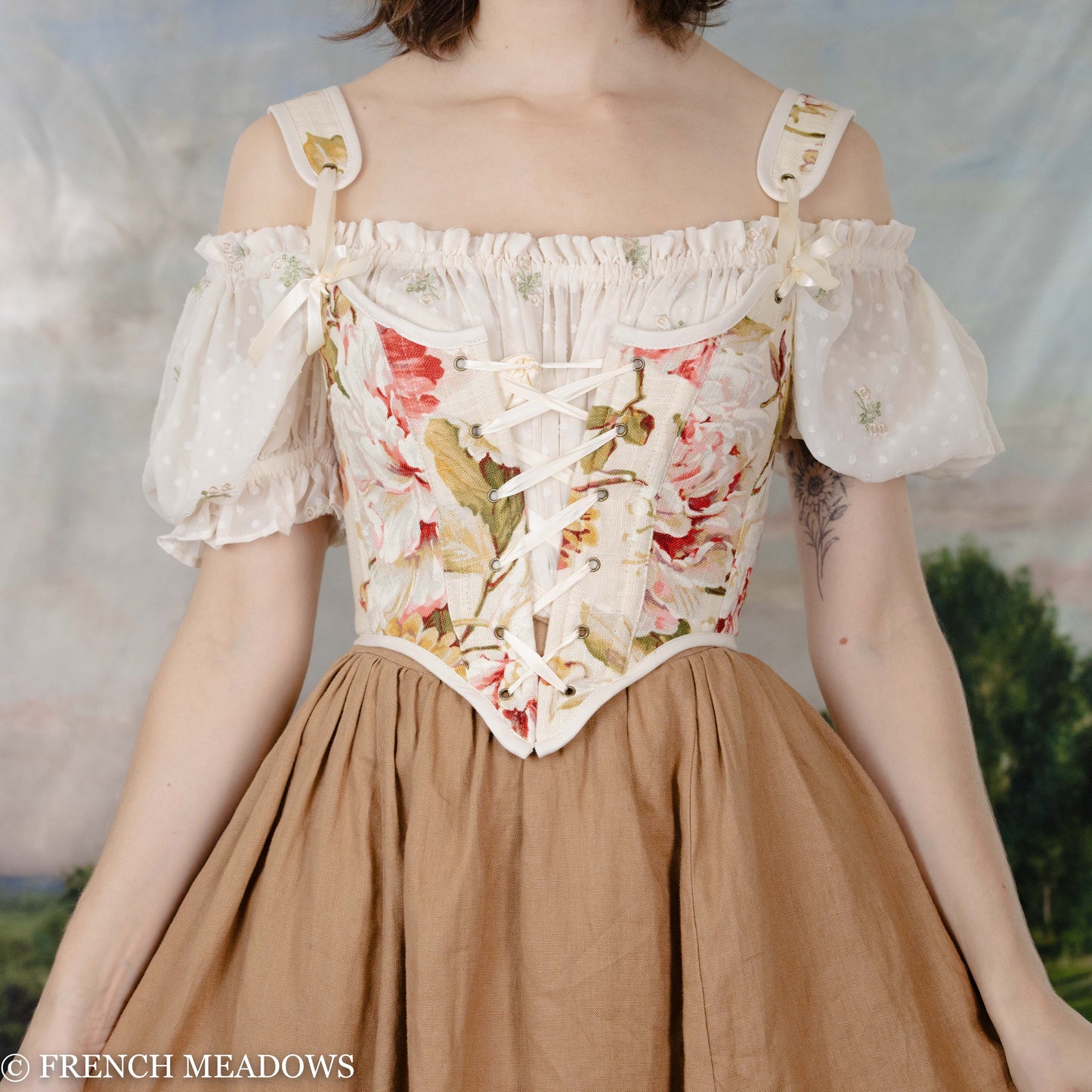 READY TO SHIP Tea Rose Floral Linen Corset