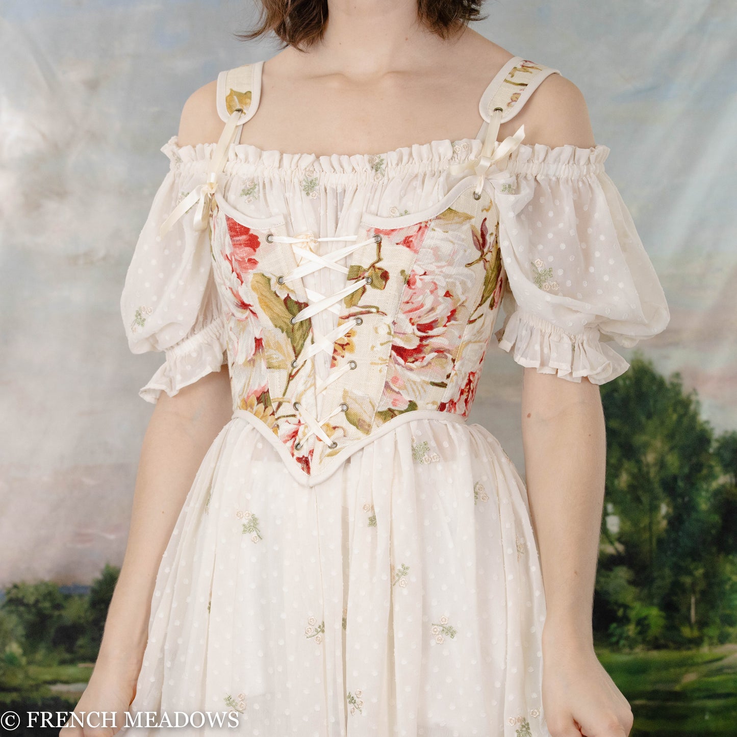 READY TO SHIP Tea Rose Floral Linen Corset