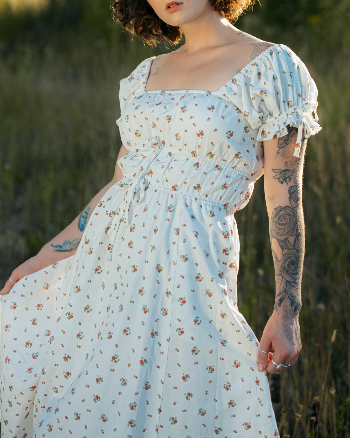 White Ditsy Floral Milkmaid Dress - Final Sale