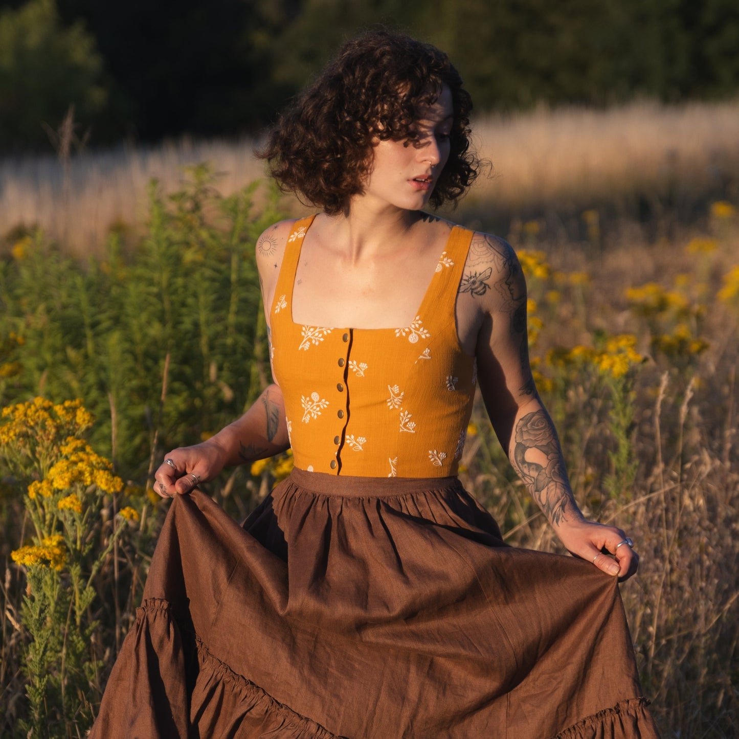 Brown Linen Ruffle Skirt