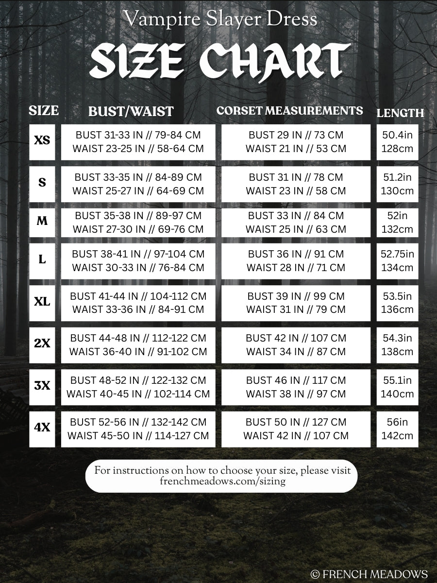 Size chart for Red Vampire Slayer Corset Dress showing bust, waist, corset measurements, and length for all sizes XS to 4X