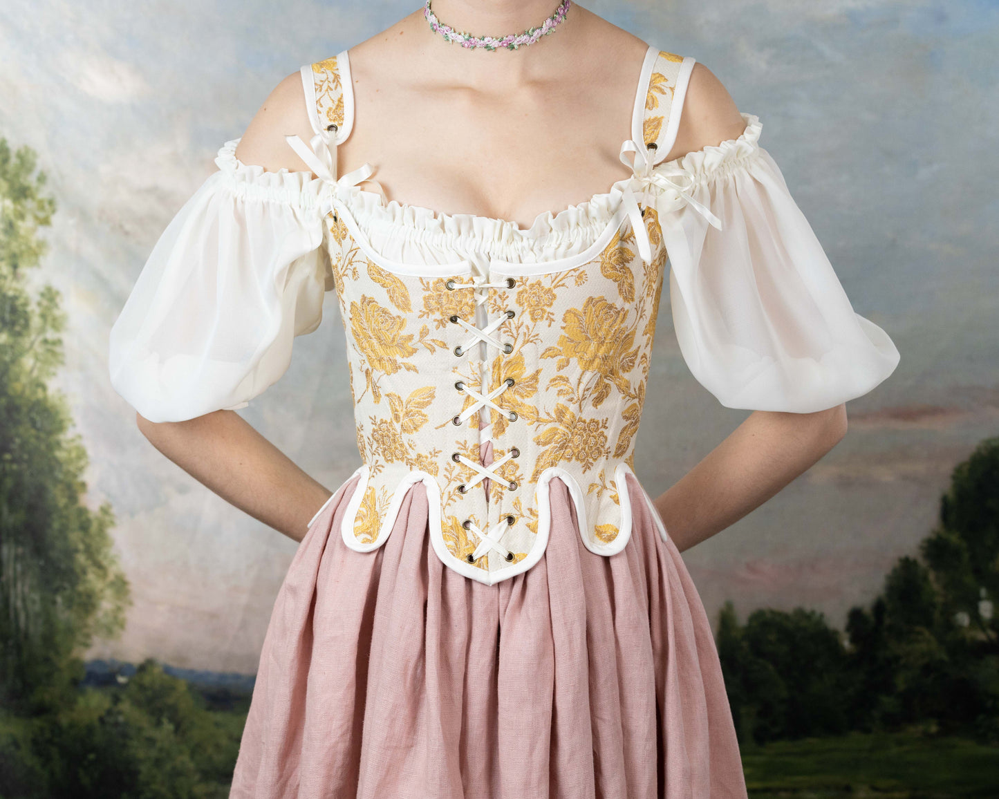 Handmade Yellow Floral Jacquard 18th Century Stays with lace-up front, floral pattern, and sheer off-shoulder puff sleeves in cottagecore style