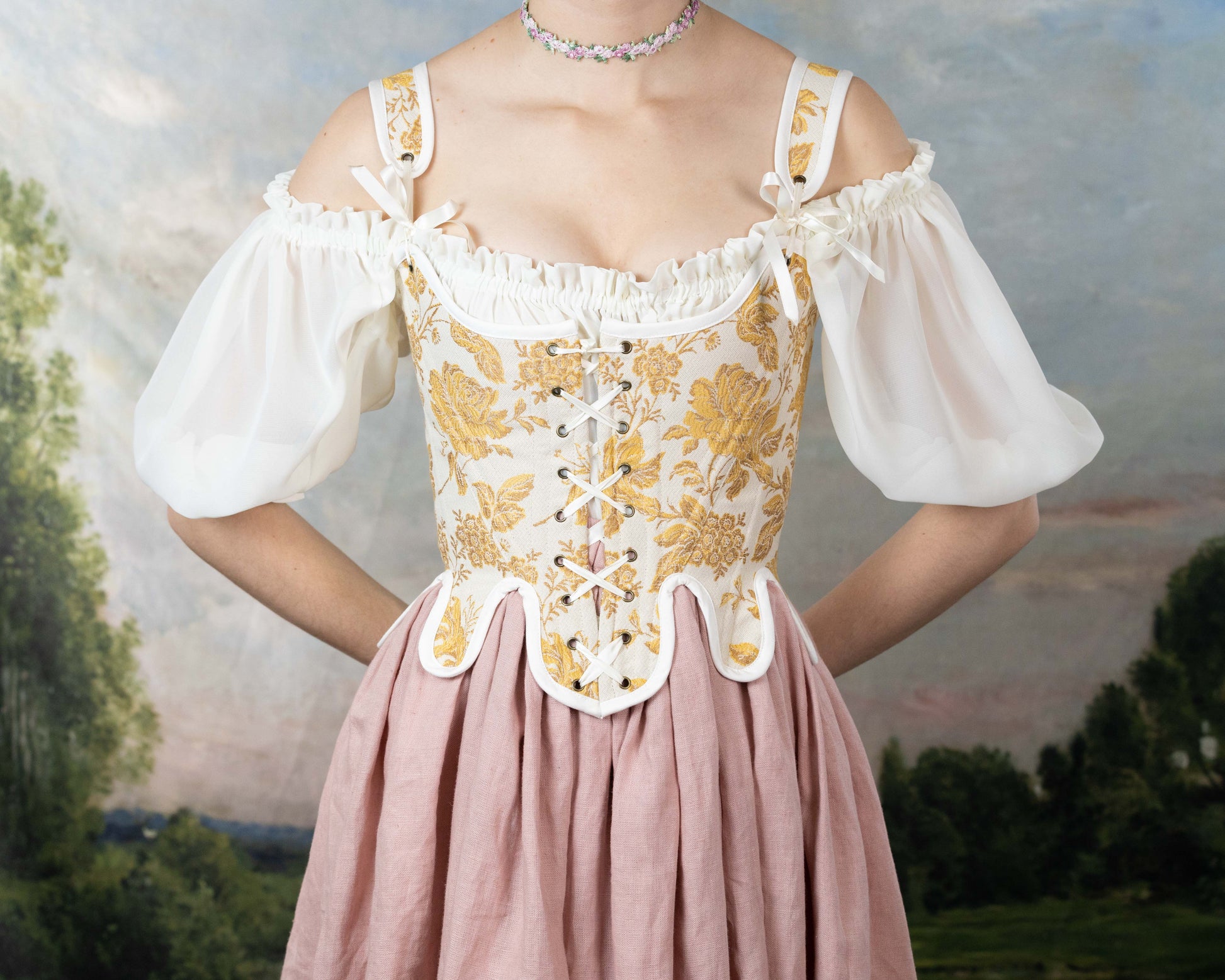 Handmade Yellow Floral Jacquard 18th Century Stays with lace-up front, floral pattern, and sheer off-shoulder puff sleeves in cottagecore style