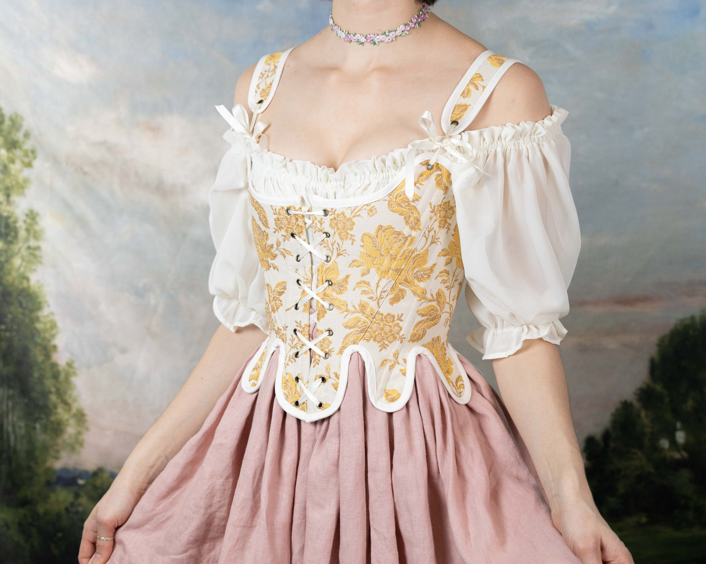 Handmade Yellow Floral Jacquard 18th Century Stays with lace-up front, floral pattern, and off-shoulder white puff sleeves in princess cottagecore style