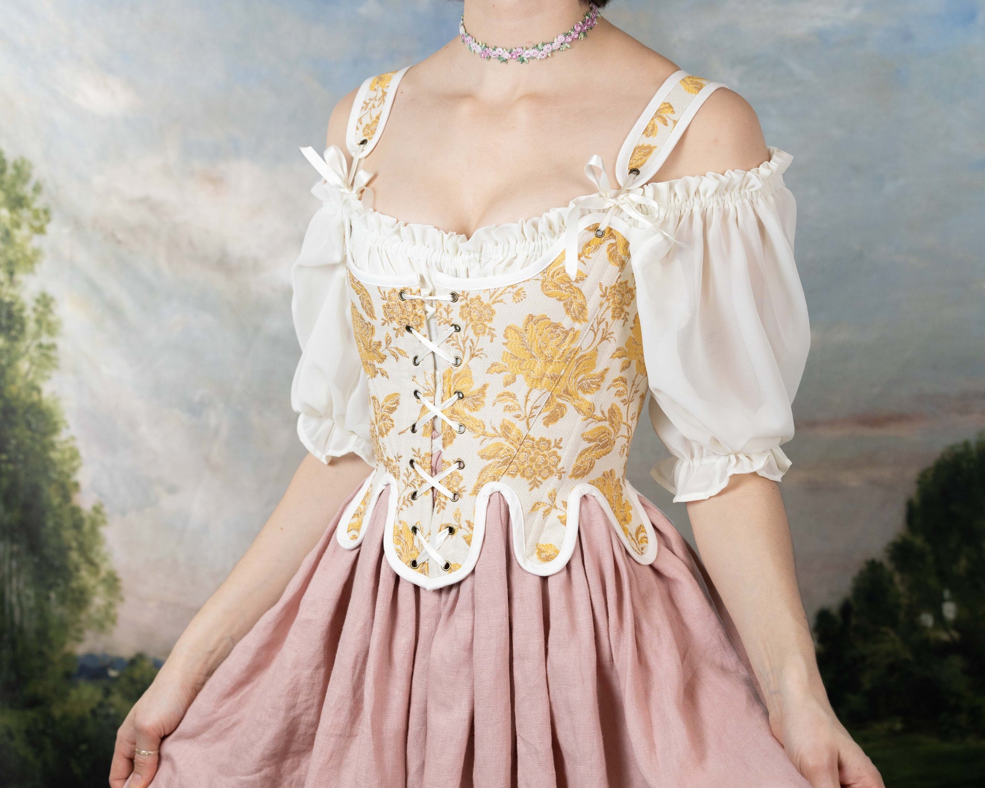 Handmade Yellow Floral Jacquard 18th Century Stays with lace-up front, floral pattern, and off-shoulder white puff sleeves in princess cottagecore style