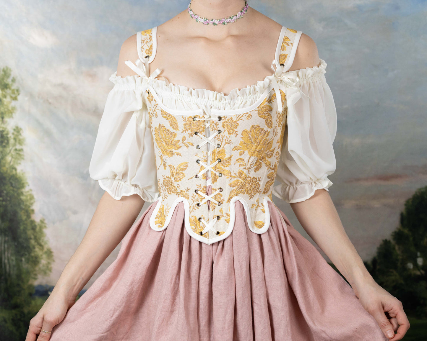 Handmade Yellow Floral Jacquard 18th Century Stays with lace-up front, floral bodice, and off-shoulder white puff sleeves in cottagecore style