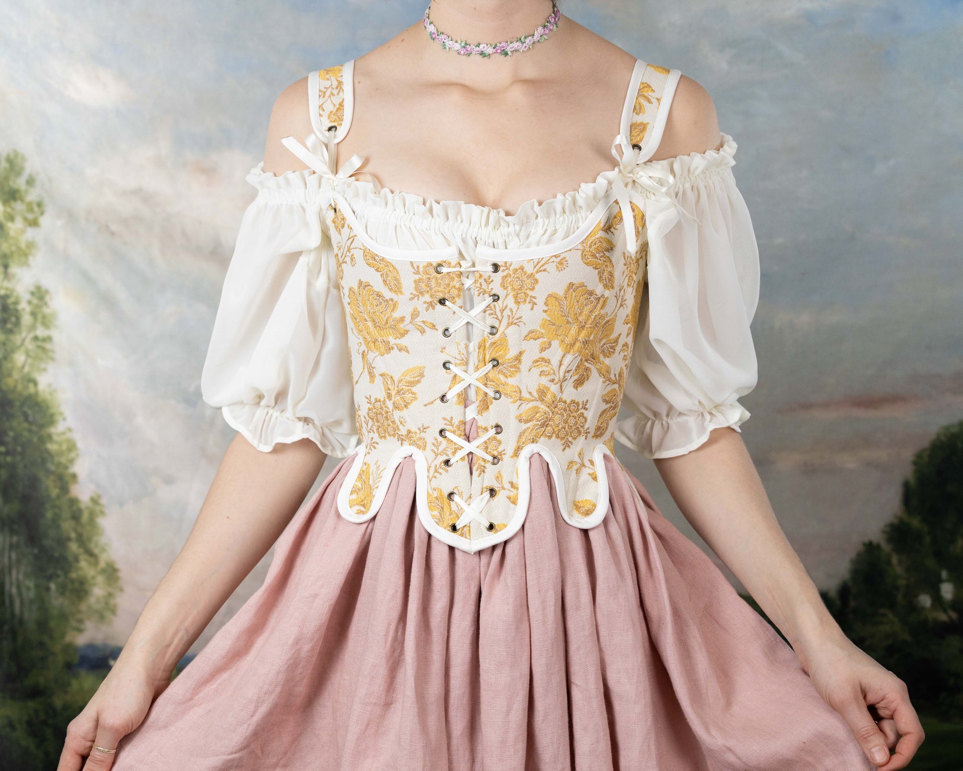 Handmade Yellow Floral Jacquard 18th Century Stays with lace-up front, floral bodice, and off-shoulder white puff sleeves in cottagecore style