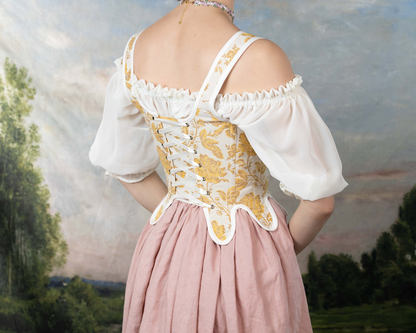 Handmade Yellow Floral Jacquard 18th Century Stays with lace-up back, floral design, and off-shoulder white puff sleeves in cottagecore style