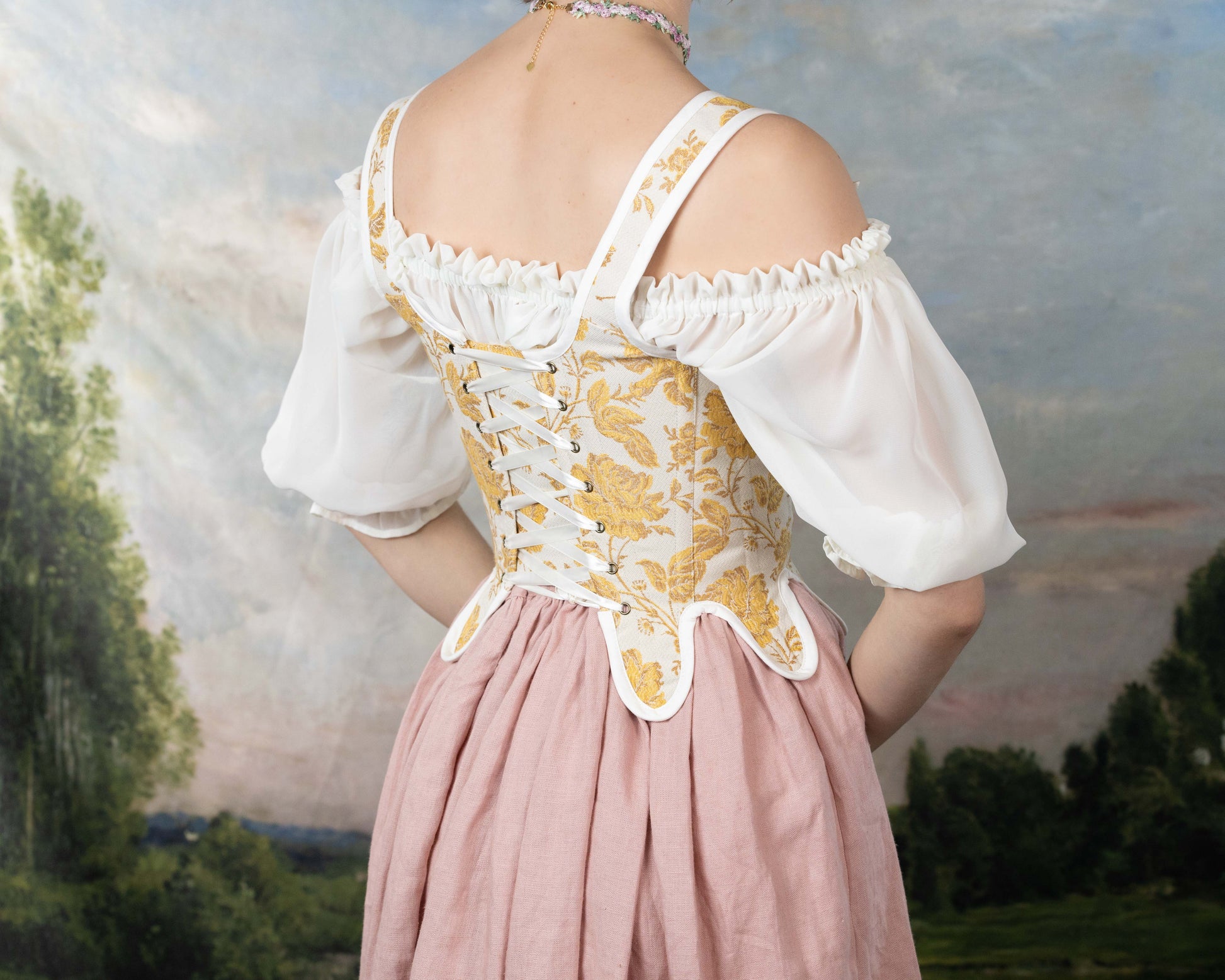 Handmade Yellow Floral Jacquard 18th Century Stays with lace-up back, floral design, and off-shoulder white puff sleeves in cottagecore style
