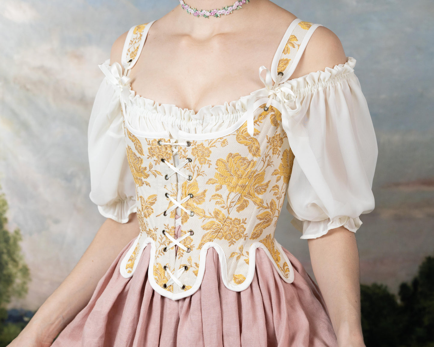 Handmade Yellow Floral Jacquard 18th Century Stays with lace-up front, floral bodice, and ivory off-shoulder puff sleeves in cottagecore style