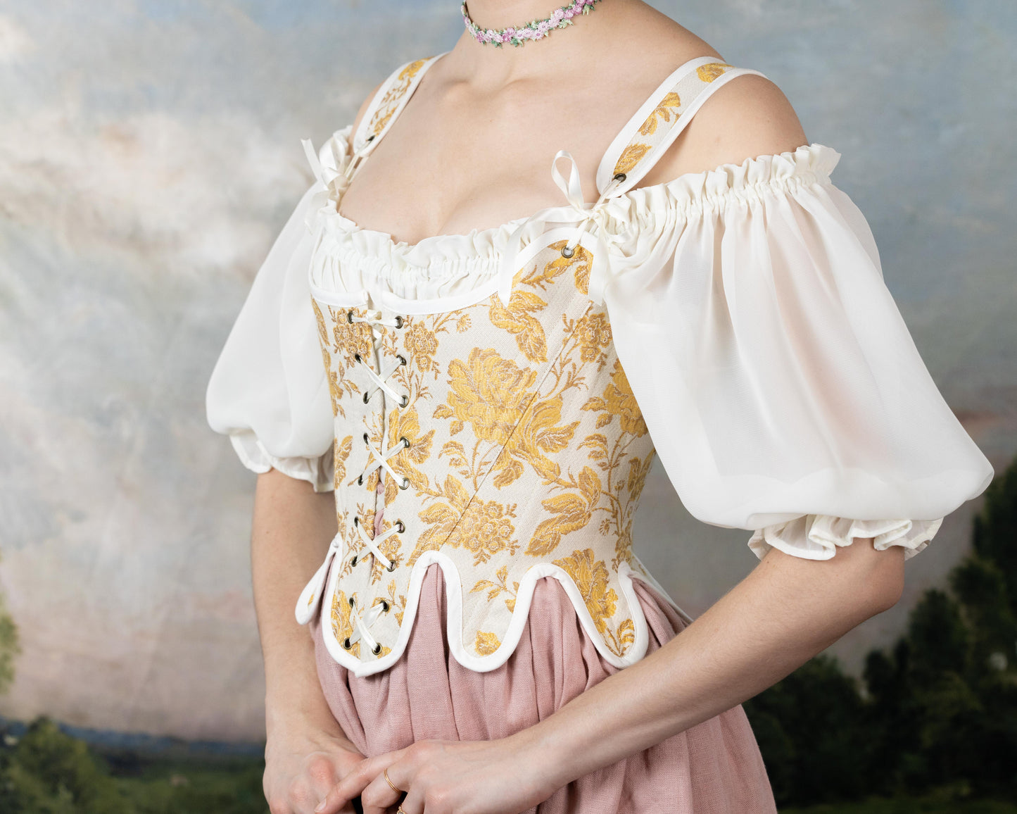 Handmade Yellow Floral Jacquard 18th Century Stays with lace-up front, floral gold pattern, and sheer white off-shoulder puff sleeves in cottagecore style