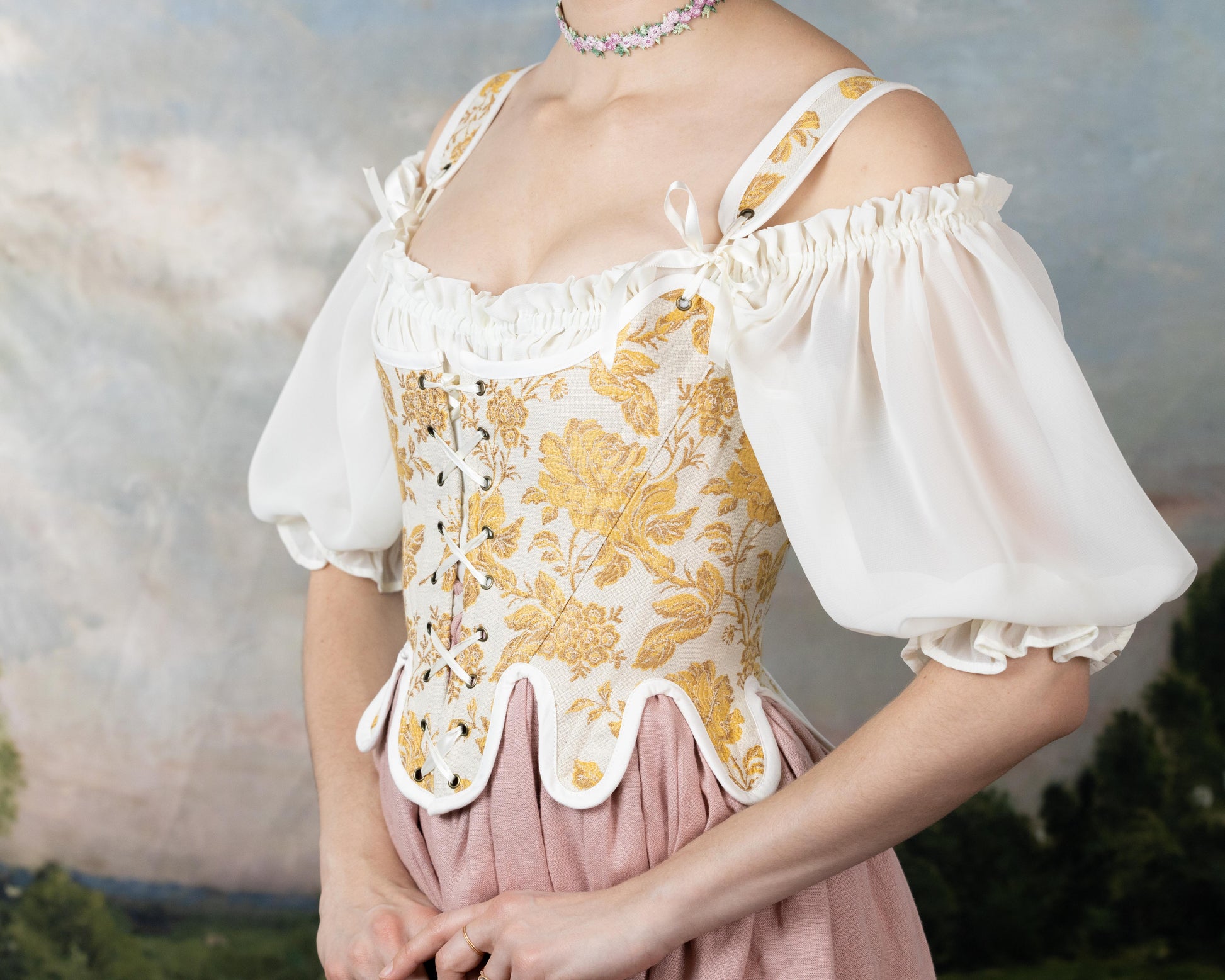Handmade Yellow Floral Jacquard 18th Century Stays with lace-up front, floral gold pattern, and sheer white off-shoulder puff sleeves in cottagecore style