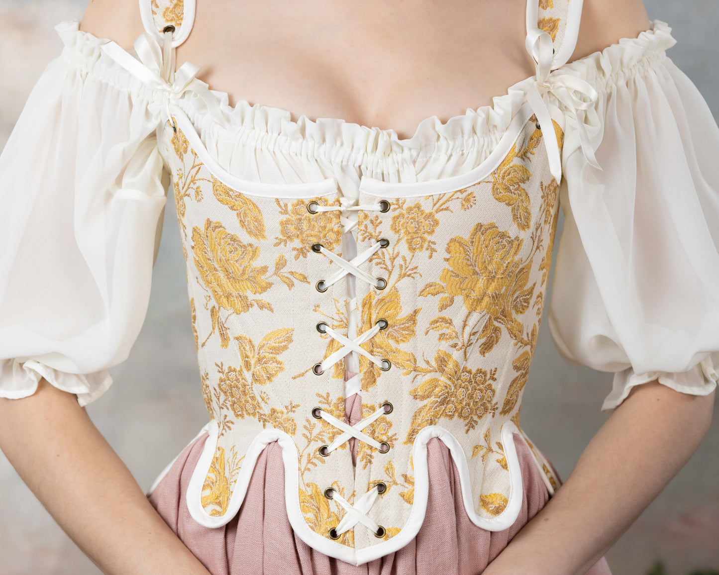 Handmade Yellow Floral Jacquard 18th Century Stays with lace-up bodice and off-shoulder white puff sleeves in cottagecore style