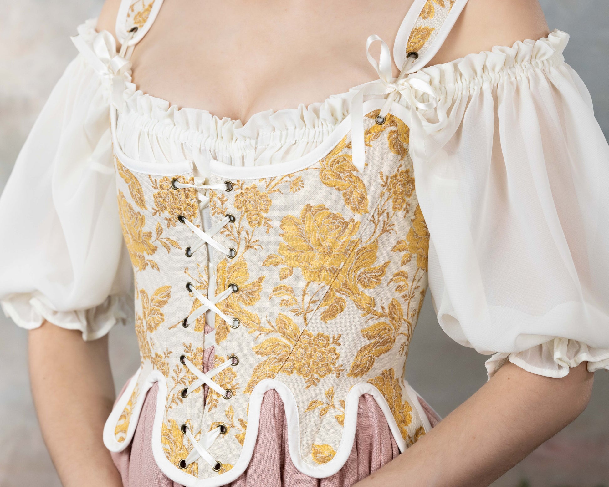 Handmade Yellow Floral Jacquard 18th Century Stays with lace-up front, floral pattern, and white puffed off-shoulder sleeves in cottagecore style