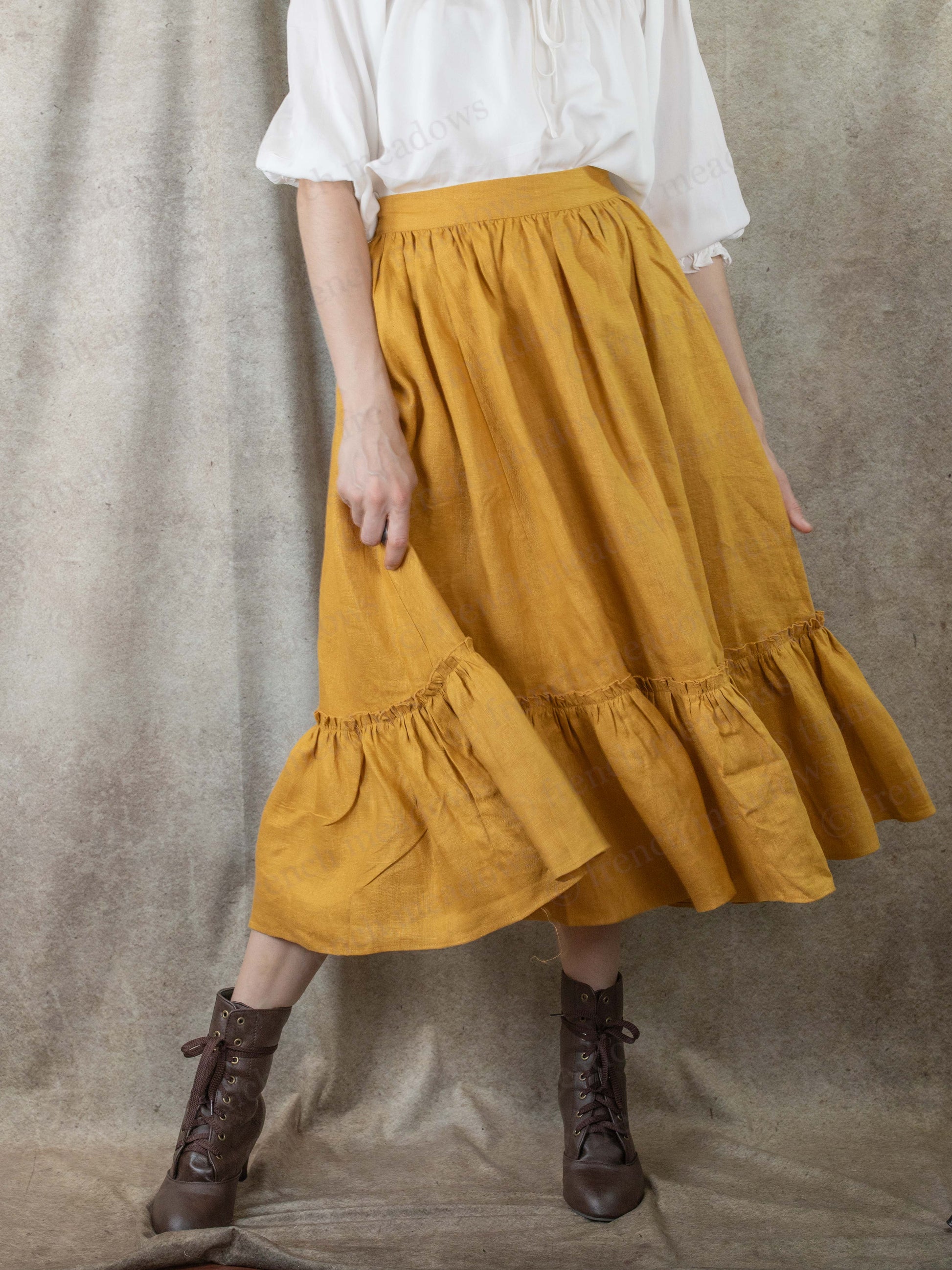 renaissance faire costume outfit with bright yellow skirt